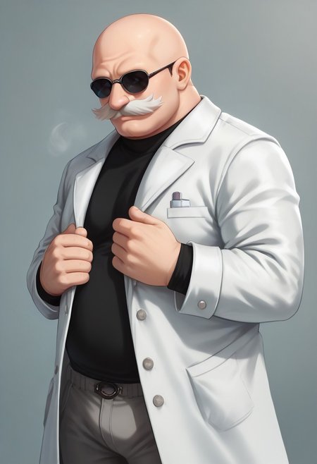 score_9, score_8_up, score_7_up, (best quality:1.1), ultra-detailed, high resolution, 8k,Gerald Robotnik, solo male, bald, white moustache, dark blue-tinted glasses, fat, white lab coat, gray pants, BREAK outside, Rich, Detailed background, ambient light