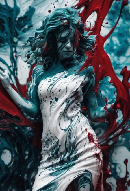  masterpiece, double exposure image by HGHD, Girl, ivory carving technique, graffiti print, Ruined Female Gremlin, torn dress, Magical hair, Hopeful, Vorticism Art, 80mm lens, anaglyph effect, dark red details, liquid vinyl spatter,  dynamic pose, swirling ink