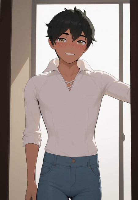 score_9, score_8_up, score_7_up, Masterpiece, Best Quality, beautiful eyes, detailed eyes, male focus, dynamic angle, dim lighting, blush lines, male focus, solo, face focus, front view, seductive smile, teeth, ((cowboy shot)), standing,

((male)), ((mature)), ((adult)), handsome, sexy, ((skinny)), ((slim)), ((slender)), ((twink)), white shirt, tight blue jeans,

Oscar P1ne, dark skin, freckles, hazel eyes, black hair, short hair
