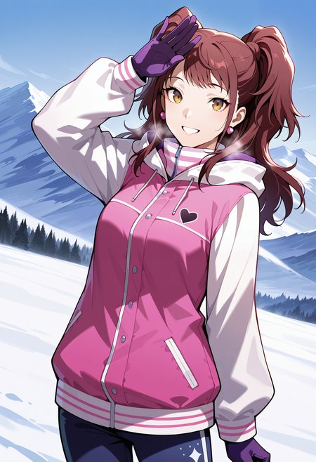 (masterwork, masterpiece, best quality, hyper-detailed),
1 girl, solo, 
p4rise, kujikawa rise, long hair, brown hair, earrings
p4rise-ski, jacket, pink jacket, long sleeves, white sleeves, hood, gloves, purple gloves, pants, blue pants, heart \(symbol\),
mountain, snowy, bright, looking at viewer, smile, happy, teeth, standing, waving, hand over head,