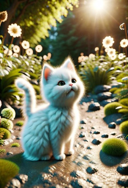 ral-fluff,<lora:ral-fluff:1>,
chibi,masterpiece,best quality,original,official art,metallic cat,hat,flower,blurry background,rendering,beautiful detailed glow,(detailed ice),beautiful detailed water,sunny, blurred flower, happy,grin
