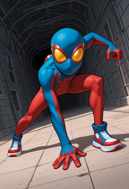 1boy, male focus, cute boy, BaileyBriggs, Mask, Yellow Eyes, Spiderboy Costume, Two-tone Bodysuit, Red Bodysuit, Blue Bodysuit, Red Blue Sneakers, cinematic, intricately detailed illustration, depth of field, masterpiece, best quality, amazing quality, very aesthetic, absurdres, newest, very awa, shadow, dynamic angle, casual cosplay, dynamic pose,  action pose,