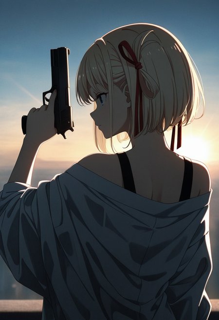 masterpiece, newest, absurdres, incredibly absurdres, best quality, amazing quality, very aesthetic, Chisato Nishikigi \(lycoris recoil\),
From behind ,profile,  extended arm, holding handgun, arm up, bare shoulder, upper body, looking side, cinematic lighting, hair ribbon , simple background, white gradients background