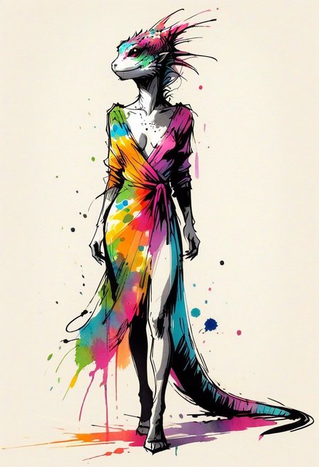 ink sketch, furry, lizard, lizard head, mutant girl, solo, translucent temptation colorful, full body, beautiful colorful dress, playboy poses, ink splash background, long tail
