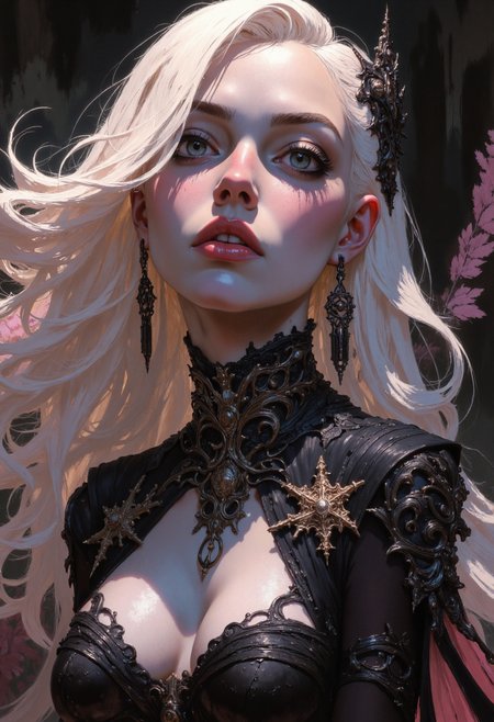 hyper sexualized, A highly detailed, photorealistic close-up portrait of a stunning young woman with long, flowing platinum blonde hair subtly tinted with pink. Her piercing blue eyes gaze directly at the viewer with a captivating intensity. She wears bold red lipstick and soft, luminous makeup that enhances her delicate features. Her attire is a gothic-inspired black lace top with intricate detailing, paired with a black choker adorned with subtle gold accents. Her look is completed with ornate, dangling black earrings that complement her gothic aesthetic. The background is softly blurred with dark, moody tones, creating a mysterious and elegant atmosphere. The lighting is soft and directional, casting a gentle glow on her face and highlighting her ethereal beauty.
<lora:gopFLUX:0.5>   <lora:flux.1_lora_flyway_Epic-detail_v2:0.7> <lora:VividlySurreal:0.6>