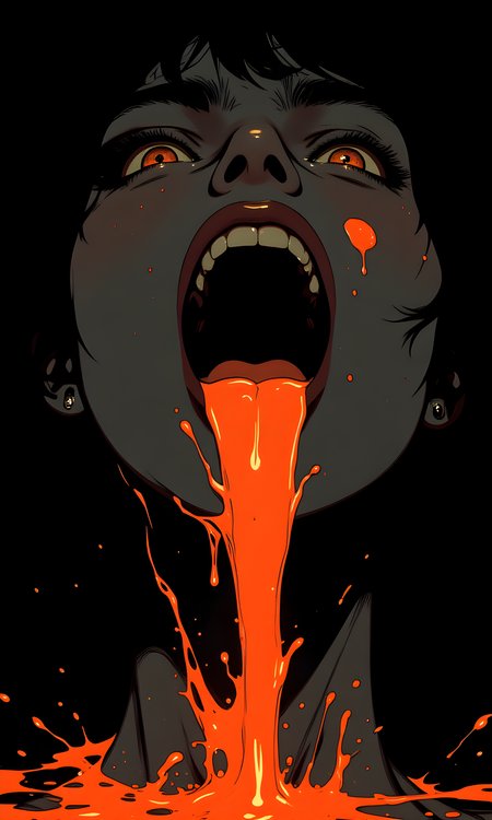 The image is a highly stylized and intense digital artwork of a woman face, rendered in dark and moody tones. The subject's mouth is open, with a bright orange liquid, resembling blood or some other substance, flowing out and cascading down their neck and chest. The colors are stark, with the vivid orange standing out sharply against the muted grays and blacks of the rest of the image.
The camera appears to be positioned directly in front of the subject, capturing their face in a close-up shot. The lighting is dramatic, with strong contrasts between light and shadow. The light seems to be coming from above, casting shadows that accentuate the contours of the face and the flow of the liquid. The overall effect is one of tension and unease, as if the subject is experiencing something traumatic or intense.
The background is entirely dark, with no other objects or elements present. This solid black backdrop serves to isolate the subject and make the bright orange liquid stand out even more. The use of negative space enhances the impact of the colors and the details of the liquid flow.
The composition centers the subject's face in the frame, with the lines of the liquid leading the viewer's eye down the length of the image. The use of color and texture creates a sense of movement and energy, making the image feel dynamic and alive. The overall effect is both striking and unsettling, evoking a range of emotions in the viewer.
BREAK anime, d13s3lp2nk, bboil artist style, OBdonman, Anime art, <lora:FLUX\Anime Art V3:0.2>, <lora:FLUX\Synesthesia:0.2>, <lora:FLUX\RetroAnimeS1.1:0.5>, <lora:FLUX\Flux-jijia:0.1>, <lora:FLUX\It's a LoRA for portraits, BUT! actually specialized in backgrounds. v1.0:0.1>, <lora:FLUX\GLSHS:0.2>, <lora:FLUX\Dieselpunk Delight - s0_9 g4:0.4>, <lora:FLUX\OBdonman, anime0style portrait:0.1>