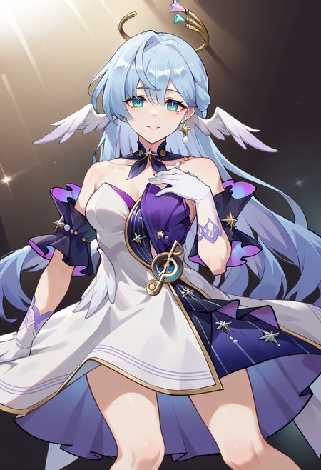 score_9, score_7_up, source_anime, BREAK solo,  <lora:Char-HonkaiSR-Robin-Pony-V1:0.9> robin \(honkai: star rail\), head wings, halo, earrings, detached collar, sleeveless dress, detached sleeves, white gloves, blue pumps, light smile, (hand on own chest:1.2), outstretched arm, stage, spotlight,