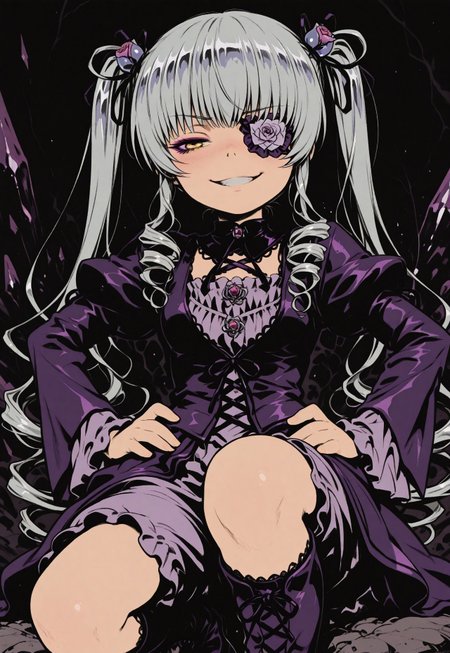 1 girl, ({{shy}}, half-closed eyes, Bala Suisho (Rozen Maiden), petite, silver hair, long hair, thin twin tails, crystal hair jewellery, golden eyes, purple pink eye patch over left eye, purple gothic outfit, long purple boots, anime girl. Girl on her knee, hands on hips, evil grin, upper body, close-up.
sinozick style, flat color, dark theme, in the style of cksc