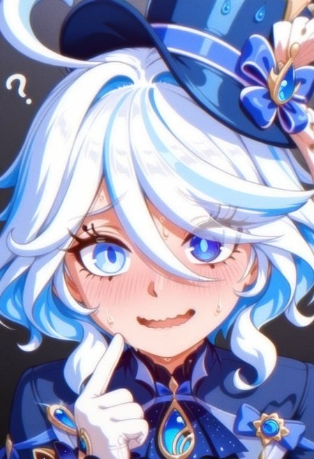 masterpiece, best quality, amazing quality, well drawn, ultra-detailed, 1girl, solo, furina \(genshin impact\), pale skinned female, blue shirt, hat, nervous smile, open mouth, wavy mouth, looking at viewer, pointing at self, ?, (anime screencap), anime screenshot, simple background, gray background, (((upper body))), (sweat), shiny skin, oily, angelauxes style, two tone shading, virant colors