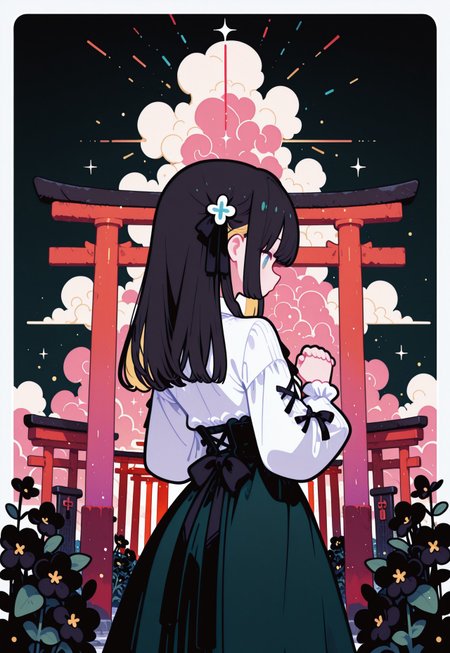 masterpiece, best quality,
(from behind, back shot),
pastel cyan eyes, blonde hair, multi colored hair, long hair, hair ornament, twintale, colored inner hair,
small breasts, 
white shirt, frills, long sleeves, dark black green skirt, center frills,
frilled skirt, high-waist skirt, puffy long sleeves, black bow, collared shirt, puffy sleeves, laced sleeves ,

1girl, solo, upper body,
praying, many flowers in background,
  

simple gradient lapis lazuli  background with thick white border,

layered thick symmetrical clouds,
((large japanese red torii gate in background)), (light particles, many shooting starts),

flat vector illustration, fl4t,
