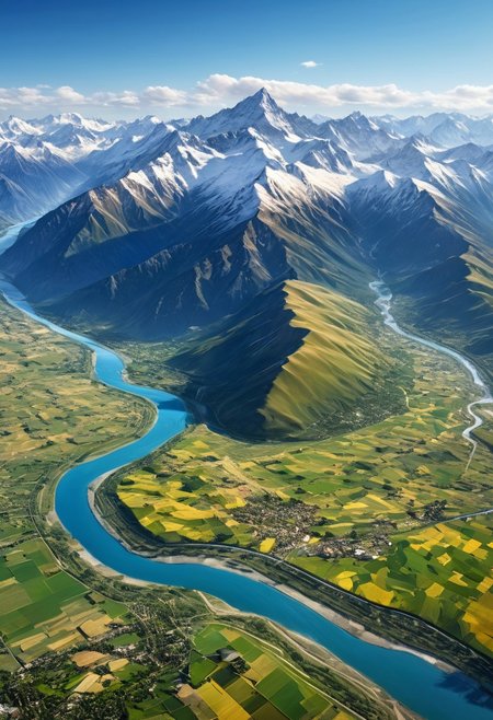 Majestic snow-capped mountain range with peaks of many different heights. Along side the range is a lush plain with farmland,and large river that irrigates the plain. aerial view,highly detailed,photorealistic,beautiful,