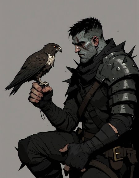 Ev Ganin style. This digital drawing depicts a dark, gritty fantasy scene. The subject is a muscular, gaunt figure with pale skin and sharp, angular features, wearing dark, rugged armor. His face is painted with tribal markings and he has short, spiky black hair. He is holding a raven in his hand, which is perched on his gloved fist. The raven's feathers are a mix of dark brown and black, with a stark white patch on its chest. <lora:Ev_Ganin:1.0>