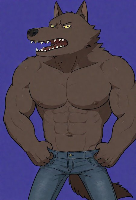 score_9_up, score_8_up, score_7_up, detailed, high quality, masterpiece, best quality, amazing quality, solo, male, anthro, w0lfman-bare-chest, werewolf, brown fur, yellow eyes, dark nose, teeth, muscles, abs, pecs, nipples, bare chest, skinny jeans, brown tail, half body, standing, looking at viewer neutral expression, open mouth, arms down, purple background.