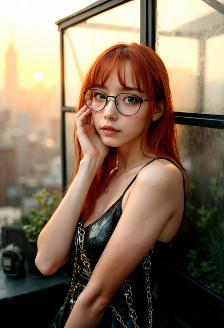 Portrait of a stunning 18-year-old woman with ginger hair, bright aqua eyes, subtle freckles, thick eyebrows, and trendy glasses giving her a nerdy appearance.A delicate chain attached to her glasses, allowing them to hang around her neck when not in use.
 She is wearing a stylish, modern outfit and is shown from the waist up, striking a random pose while looking directly at the viewer.

A small, glass greenhouse filled with plants is situated on one side of the rooftop. The setting sun casts a warm glow through the glass, creating a serene, nature-meets-city atmosphere.

One hand gently cupping her cheek, with a dreamy, faraway look in her eyes.







