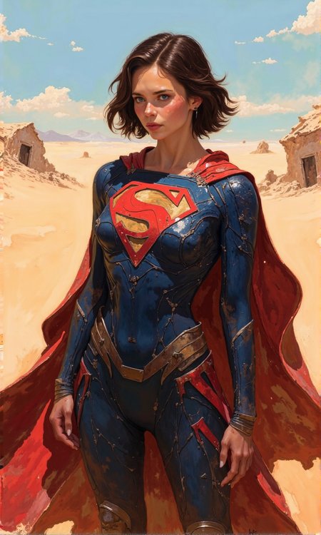 Full shot of a female figure, styled as a superhero, likely a depiction of Supergirl. 
The figure is positioned in a desert landscape with tan-colored sand and low, crumbling structures in the background. 
The character has short, dark brown hair and a serious expression. She wears a form-fitting, superhero-style suit in shades of red and deep blue. The red portion is a distinctive Superman-style emblem on her chest. The suit has a sculpted, almost metallic-looking texture.  It appears tight-fitting and has visible panels and lines. A large, flowing, red cape drapes behind and across her back. 
The background is entirely of a desert or arid environment with muted tones and a clear, mostly cloudless sky in the upper part of the image.
The lighting suggests a bright, sunny day with light shadows, making the character and details in the suit clearly visible. The overall impression is one of a digitally-created image or a highly-detailed rendering., <lora:FLUX-daubrez-DB4RZ-v2:1> DB4RZ, DB4RZ style painting