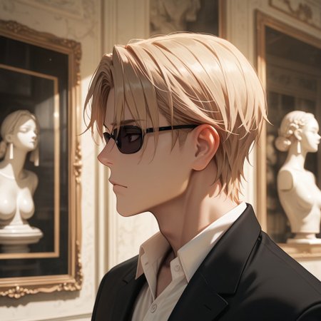 masterpiece, best quality, amazing quality, absurdres, newest, detailed background, definition so sharp, Ultra-HD, 8K cinematic, very awa, impressionate, amazing quality, highres, 
solo, male focus, manly, 
1boy, short hair, izumo_blonde, izumo_brown eyes, izumokusanagi, sunglasses \(on face\), formal wear, suit jacket, buttoned shirt, art gallery, soft ambient light, sculptures, blurred background, refined, sophisticated, thoughtful, aesthetic, profile, looking into distance, calm gaze,
