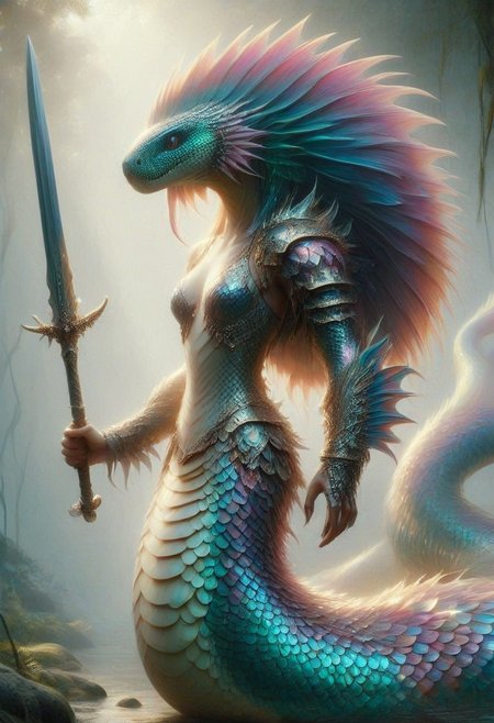 naga, p1nk1r1sc4l3s, holding a sword, made out of iridescent scales, armor