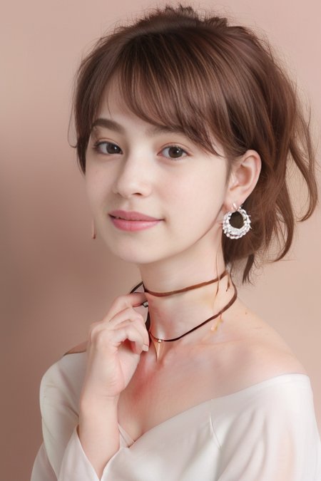 (1girl), (best quality), (masterpiece), (high resolution), (intricate details), (photorealistic), (cinematic light),  <lora:short_hair:0.8>, 
solo, brown hair, nape, blurry, upper body, blurry background, wavy hair, smile,  realistic, looking at viewer, lips, upper body, off shoulder, shirt
white background, upper body, brown eyes, closed mouth,  profile, lips, nose, portrait, earrings, parted lips, black choker, ear piercing
sleeves past wrists, simple background ,