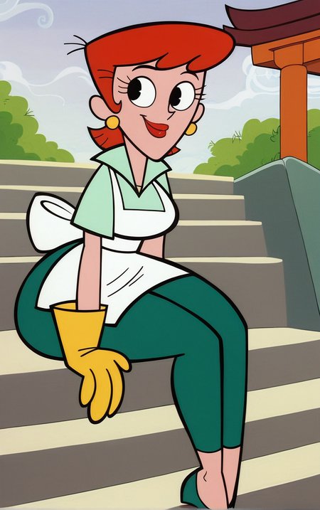 score_9, score_8_up, score_7_up, BREAK
MainOutfit_DextersMom_ownwaifu, 
1girl, aqua shirt, breasts, collared shirt, earrings, eyelashes, green leggings, narrow waist, oven mitts, red hair, red lips, short hair, thick thighs, white apron, wide hips, yellow gloves, jewelry, lipstick, makeup, apron, black eyes, short sleeves,
(sitting on stairs, dappled sunlight), summer, torii, stairs, stone lantern, sunlight, pavement, outdoors,<lora:PONYXL_MOM_DextersMom_ownwaifu:0.80>, solo,
