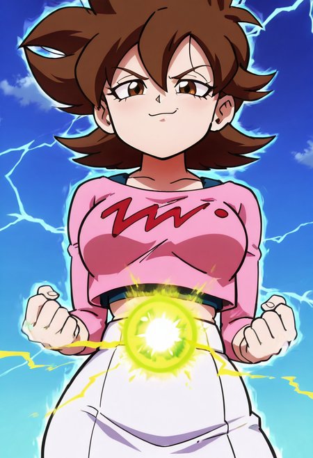 masterpiece, best quality, solo, curvy, beautiful eyes,  narrow waist, wide hips, large breasts,zzTachibana, brown eyes, hair between eyes, brown hair, flipped hair, short hair, spiked hair, pink shirt, long sleeves, white skirt, crop top, midriff,  ,       <lora:TachibanaHiromiIXL:1.0>, ,vivid aura, looking at viewer, blue background, smug, aura, super saiyan, charging energy, energy ball, energy, lightning, <lora:DBSBroly_Style_IXL_v2:0.6>,