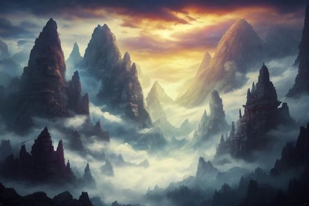 RAW photo, (masterpiece:1.3), subsurface scattering, heavy shadow, (high quality:1.4), (intricate, high detail:1.2), professional photography, HDR, High Dynamic Range, realistic, ultra realistic, photorealistic, high resolution, film photography, ambient lighting, atmospheric effects, <lora:detail_slider_v4:2>, OverallDetail, epic medieval fantasy, fanmou, a huge and sinister mountain peak in the background shrouded in fog and dark clouds, <lora:Fantasy_Mountains:1>,  <lora:fantasyAI:0.6>, tanjoreai, epiCPhoto