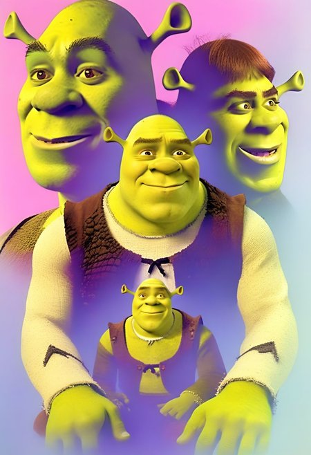 a portrait of Shrek sitting, double exposure effect, 80s portrait, Shrek1024,  <lora:a80psdxl:1>