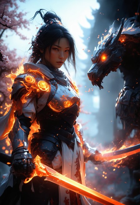 Cinematic shot of a female knight, holding glowing sword, fantasy village in background, reflective light, HD, masterpiece, best quality, hyper detailed, ultra detailed, super realistic, Giant mech warrior with a giant sword, cherry blossoms in the background, in the style of a cartoon, fantasy art, concept design in the style of Akihiko Yoshida, super realistic, ultra detailed, amazing quality, hkmecha, hkstyle, portrait, spirit animal, spirit tree, closeup, extreme closeup, visor, samurai, hood, sorceress, magic, mystical, mysterious, fire element, (composed of fire elements), highly detailed, intricate details, patterned robe, diffusion, bioluminescent, translucent, diffusion, atmospheric lighting, high contrast, armor made of flame, reverse gripping sword