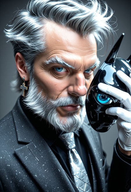 SmoothNoob_Quality, High-contrast, 1boy, old man, full beard, serious, human, messy silver-grey hair, spiky hair, fade hair, close up, dynamic angle, holding mask, polished black chrome mask, horned mask, taking off mask, looking at viewer, energy eye, visible face, luminous blue eye, small cross-shaped earrings, white gloves, tailored suit, black suit jacket, black shirt, necktie,simple background, grey background, particle motes, dramatic lighting, clean lines,  <lora:Smooth_Booster_v3:0.7>