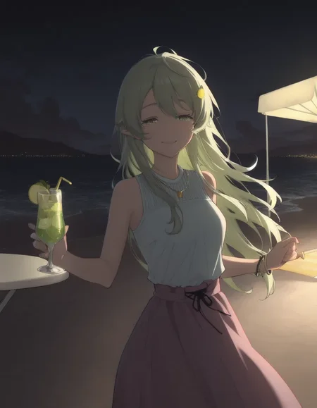nsfw, highres, best quality, masterpiece, safe pos, lora:748cmSDXL:1, best quality, masterpiece, perfect composition, official art, 748cmstyle, 1girl, necklace, beach bracelets, holding a margarita in a wide brimmed coupette glass, margaarta glass, salted rim, lime green color drink, lime wedge on rim, looking at viewer, cute smile, dynamic pose, standing, beach scenery, seaside, evening, bay, rocks, umbrella, beach chairs, beach lights, city lights in the distance, white plastic table, dark blue sky with orange and pink undertones, clouds, volumetric lighting, perfect lighting, correct illumination, dark lighting, warm light, chiaroscuro,, Expressiveh, Lemon Yakishio, Yellow-green hair, Long, flowing hair, Green eyes, fair skin, Yakishio-themed hair ornaments, Casual, modern clothing, Slightly pointed ears, Youthful appearance, Yakishio Lemon