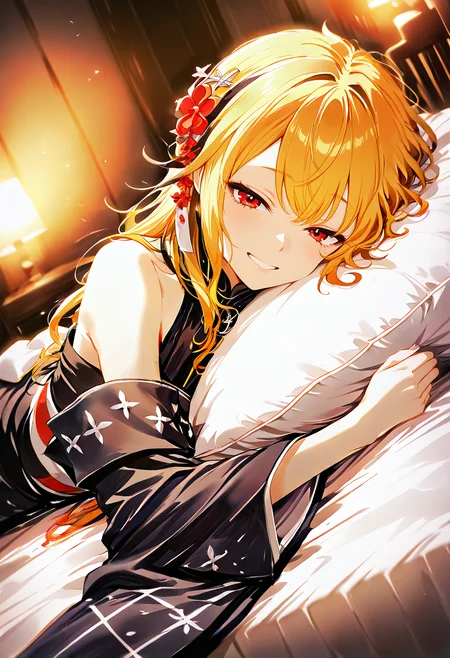 masterpiece,best quality, absurdres, anime style, CG,
cinematic lighting, natural shadow, highest detail, detailed background, intricate scenery, depth of field, insane details, intricate, subsurface scattering,
1girl, very aesthetic, dutch angle, cinematic angle,
serene atmosphere, happy smile, looking at viewer,
indoors, bed, bed room,
finely detailed face, beautiful face,
<lora:kaelaIL:1.0> kaelaIL, kaelakimono, japanese clothes, black kimono, wide sleeves, hair flower, bare shoulders, long hair,
lying on stomach, on bed, disheveled, <lora:pillow_hug_pony:1> pillo1, pillow,pillow_hug,
<lora:InkWashpainting:1.5>