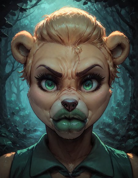 score_9_up, score_8_up, score_7_up, score_9, score_8, score_7, concept art, realistic, dark theme, low light, kusonikuyokichi, D-ART,D-ART Style, 18dart3, csr style, (huge eyes), masterpiece, expressiveh,  1girl,  sunni gummi, elderly anthro, wrinkled face, senile skin, (senile wrinkles), (wrinkles), (angry eyes), angry face, blush, (frown), (disgusting face), bear, styled hair, blonde hair, green eyes, forest, looking at viewer, green lipstick, green lips, huge lips, enormous lips, bimbo lips, (closed mouth), wide cheekbones, aura, green tunic, large upper lip, small lower lip, (upper lip larger than lower lip ), <lora:cfg_scale_boost:0.75>, <lora:sdxl_enhance:0.65>, <lora:add-detail-xl:1.65>,  <lora:Expressive_H:0.65>, <lora:cutesexyrobutts_style_pdxl_v3:0.55>,  <lora:SunniGummi_PonyXL_v1:0.85>, <lora:fellatrix_style:0.45>, <lora:Kusoniku_Yokichi__Style_LoRA__PonyXL:0.35>, <lora:D-ART_XL-V2:0.35>,  <lora:Concept Art DarkSide Style LoRA_Pony XL v6:0.8>,  <lora:biglips_pony-adam-cosine-8x4-4x1-cs1:1.2>,  <lora:Artist_-_Albatross:0.2>