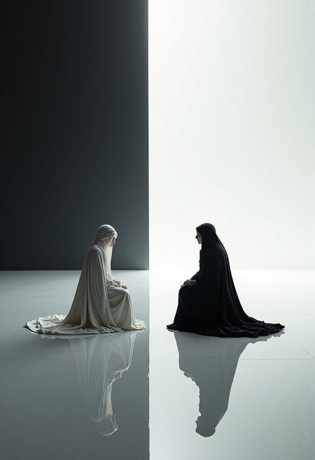 In an endless expanse where the world fractures into stark duality—white and black stretching into infinity like a cosmic chessboard—a single, slender table emerges as the axis of balance. Its surface, polished to a mirror sheen, reflects the dichotomy of the void: one half gleaming in pure, radiant white, the other swallowed by an abyssal black. Two figures sit opposite each other, their forms silhouetted against the contrasting horizons. The figure on the white side is cloaked in flowing, ivory robes, their presence serene yet commanding, exuding an aura of [order, clarity, and purpose]. Across from them, the black-clad figure is shrouded in shadow, their edges flickering like static, their demeanor enigmatic, radiating [chaos, mystery, and potential]. Between them, the table seems to hum with an unseen energy, a [nexus of opposing forces], where the very fabric of reality feels as though it could unravel or converge. The air is thick with tension, a silent dialogue of ideologies, choices, or perhaps destinies, as the endless white and black stretch onward, framing this eternal meeting of [light and shadow, creation and entropy, beginning and end]