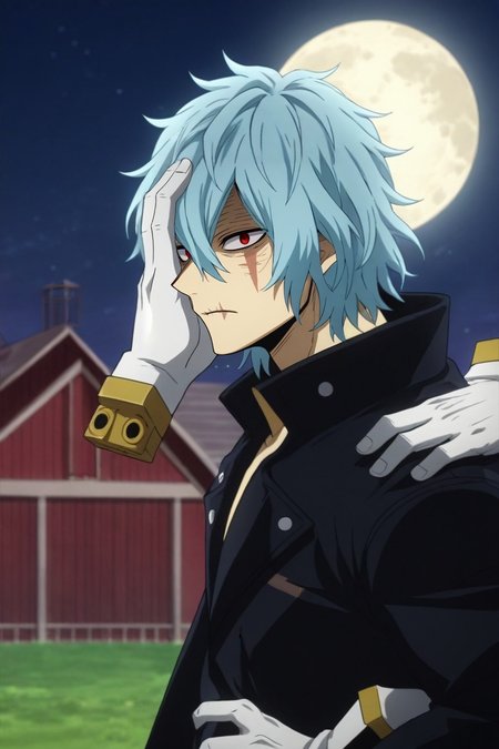 score_9, score_8_up, score_7_up, source_anime, rating_safe, intricate details, semi-realistic, looking at viewer, depth of field, 1boy, solo, male focus, <lora:tomura_shigaraki_pony:0.98>, tomura_shigaraki, blue hair, red eyes, bangs, hair between eyes, scar, scar on face, gloves, white gloves, disembodied limb, , hand on own face, profile, farm, plantation, night, full moon, hand on hip, nervous, outlaw costume, <lora:sdxl_lightning_8step_lora:1>