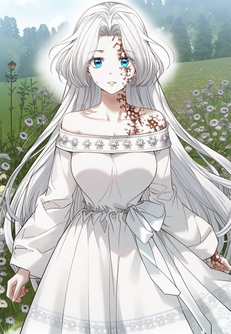 zPDXL3, score_9_up, score_8_up, score_7_up, (Anime_source),Masterpiece,(perfect female body:1.2), small waist,(incredibly detailed:1.4), slim, beautiful fingers, beautiful white skin, Beautiful clear skin, (big breasts:1.2) (thick thighs:1.2), parted lips, standing,  sweat, looking at viewer,  big breasts,   <lora:Ancia_Belacian_-_I_Became_the_Wife_of_the_Monstrous_Crown_Prince-PONY-Kaleid:1> rose_ancia, 1girl, blue eyes, long hair, white hair, off shoulders, scar, white dress, off shoulder, long sleeves,