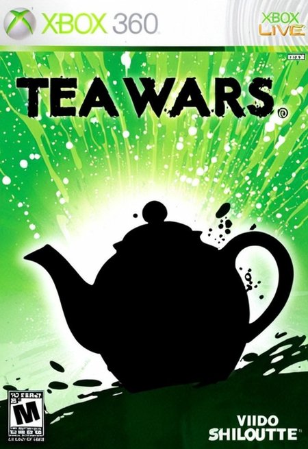 xb0xc0ver, xbox360 video game cover of Tea Wars,silhouette of teapot,splash,glowing <lora:Xbox360Cover4:1.0>