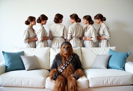 A surreal and comedic scene featuring a wookiee placed on the seat of a pristine white couch in a modern living room. Behind the couch, five time Princess Leia Organa from the movie Star Wars stand side by side, visible from the waist up above the couch’s backrest.  All five  have Princess Leia Organa like hairs and dressed in a princess leia clothes, they are intently staring at the wookiee with an air of determination and rivalry.   The room is brightly lit, with light blue and white cushions accentuating the couch, providing a cozy and modern contrast to the quirky and absurd characters