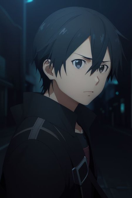 high resolution, solo, best quality, 1Boy, Kazuto Kirigaya, portraits, Black Hair, Black Eyes, portrait, midnight, dim street lights, mysterious, threatening, gun, aiming the gun to the viewer, OverallDetail