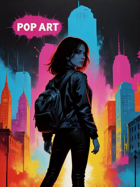 A painting, silhouette. City background. Vibrant. Female focus.

Text floating in the air: "Pop Art".

<lora:PopArt01a_CE_XL_300-OT:0.4> popartCE_style
<lora:TextTitle01a_CE_XL_300-OT:0.6> texttitle