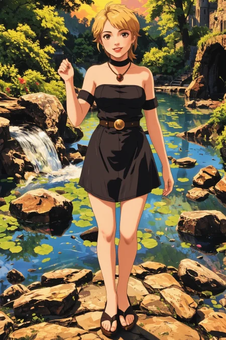 spiky hair blonde hair young woman, druid, anime, comic, illustration, extremely detailed, portrait, standing, happy smile, flower in hair, glossy lipstick, celtic necklace, stud earrings, loincloth, sandals,  Metallic Gray druid short dress, legs, sharp focus, fantasy, celtic landscape, small rock, moss, ripples, reflections, celtic  castle, small river pond, druid forest, druid village, stunning nature environment, enchanted land, clovers, Bright Bisque flowers, best quality, colorful, wet floor, bright sunny sky, sunset, raytracing, hdr, high contrast, ethereal natural lights, backlight, lens flare, shadows, vibrant colors, colorful, pretty, beautiful, happy, smiling, feminine, sexy, lovely, in love, adorable, fashion,  <lora:Hand v2:1> <lora:Anti-Blur:1><lora:Insane Detail Slider:0.5>  <lora:flux.1_lora_flyway_Epic-detail_v2:0.3><lora:fluxenhancer:0.5> <lora:RetroAnimeFluxV1:0.4> <lora:Luminous_Shadowscape:0.4> <lora:SujatmikoArafuru_Flux:0.2> Suzume style