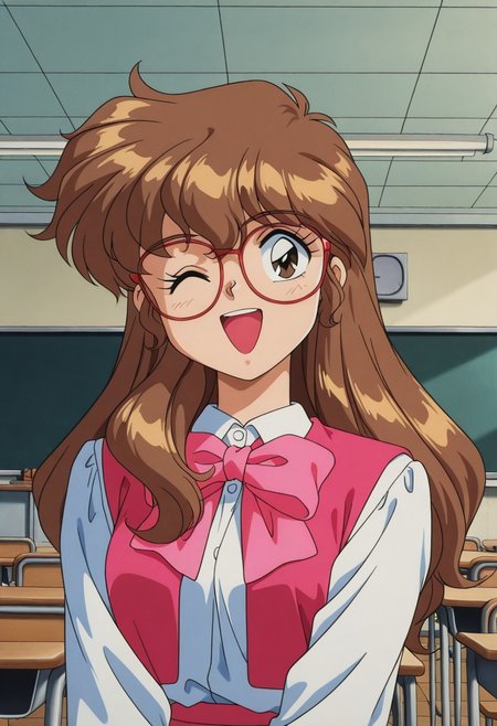 1990s_\(style\),retro_artstyle,1girl,brown_eyes,brown_hair,long_hair,solo,looking_at_viewer,glasses,(smile,;d),bowtie,uniform,white_shirt,long_sleeves,upper_body,close_to_viewer,classroom,BREAK score_9, score_8_up, score_7_up, masterpiece, best quality, source_anime,official art,perfect_anatomy