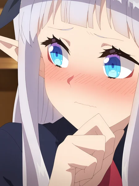 <lora:Rurushi_Ru:0.8>, rurushi_ru, 1girl, solo, blue eyes, red eyeshadow, pointy ears, long hair, grey hair, twintails, blunt bangs, hair bow, puffy sleeves, embarrassed, closed mouth, wavy mouth, blush, looking to the side, hand on own chin, close-up, indoors, blurry background