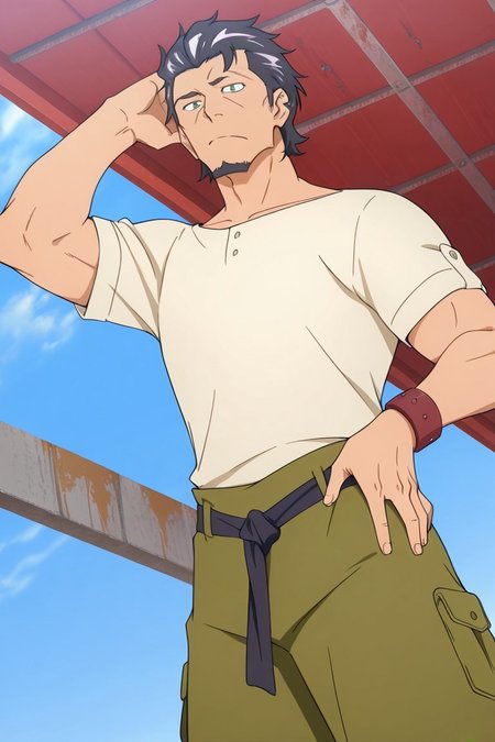 safe_pos, score_9, score_8_up, score_7_up, score_6_up, perfect anatomy, perfect proportions, best quality, masterpiece, high_resolution, high quality, best aesthetic, incredibly absurdres, highres, extremely detailed, huge filesize, solo male, adult, mature, masculine, manly, handsome, charming, alluring, standing, upper body, dutch angle, cowboy shot, source_anime \(Deca Dence\), anime coloring \(Deca Dence\), Kaburagi \(Deca Dence\), DDKaburagi, black hair, grey hair streak, multicolored hair, hair slicked back, facial hair, goatee, green eyes, sanpaku, constricted pupils, eyebrow slit, scar, DDKaburagi_outfit02, white shirt, wide necked shirt, short-sleeved shirt, sleeves tucked up and buttoned, shirt tucked-in, olive work pants, wide pants, black tied belt, tied belt, left leather bracelet, brown boots, blue sky, day, rusty iron wall, ((view from below, single hand behind head))
