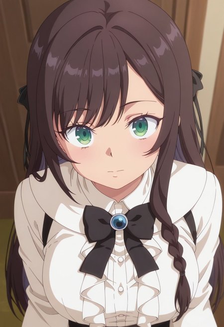 masterpiece,best quality,amazing quality, clover alina, dark brown hair, green eyes, long hair, 1girl, solo, braid, bow, frilled shirt, bowtie, shirt, black bowtie, frills, black bow, looking at viewer, white shirt, long sleeves, swept bangs, anime coloring