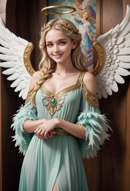 (medium full shot) of (ethereal angel with feathered wings and an angel halo) young woman, Average build, medium blonde dutch braid hair, indian, tan skin, jade green eyes,  wearing a diadem adorned with sparkling gemstones, soft purple seraphic dress with flowing sleeves, celestial stockings, gold heels, bearing a golden lyre, its music echoing heavenly melodies, set in  church Vestibule, Transitional space with tiled floors, coat hooks lining the walls, a wooden umbrella stand, a holy water font, a notice board displaying upcoming events  , woman smiling, detailed face, ,Masterpiece,best quality, photo, realistic, very aesthetic