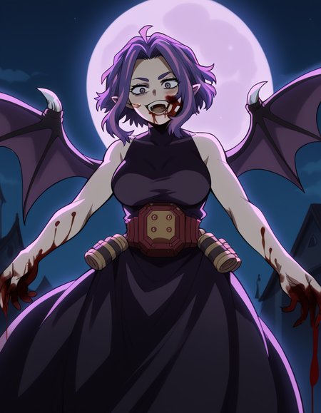 score_9, score_8_up, score_7_up, source_anime, <lora:kaina-tsutsumi-s5-ponyxl-lora-nochekaiser:1>, kaina tsutsumi, purple hair, pink hair, streaked hair, purple eyes, short hair, parted bangs, large breasts,, <lora:vampire-ponyxl-lora-nochekaiser:1>, vampire, red eyes, pointy ears, fangs, black dress, wings, blood, blood on face, blood on mouth, bat (animal), halloween, halloween costume, upper teeth only, night, moon, blush, smile, open mouth, , dutch angle, cowboy shot