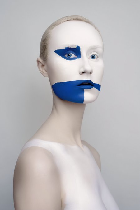 <lora:Photographer Flora Borsi Style:1>Photographer Flora Borsi Style - a woman with a face painted white with a blue line on her face