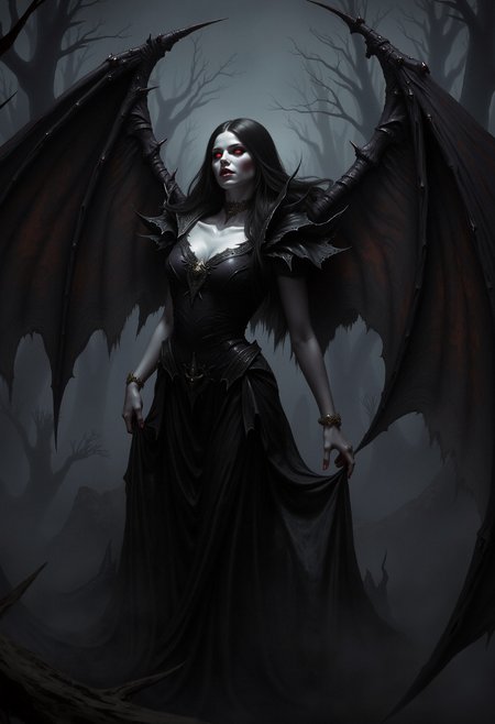 A highly detailed illustration of a vampire girl with large, dark bat-like wings. She stands in a dramatic pose, with pale white skin and glowing red eyes. Her long black hair flows down her back, blending into the dark background. She wears a gothic black dress with intricate lace details, torn at the edges. Her fangs are visible, and she has a slight smirk, revealing her predatory nature. Her wings are outstretched, with sharp, bony structures, and veins glowing faintly red. The background is a dimly lit forest, with tall, dead trees and a heavy mist rolling in, adding to the eerie, dark atmosphere.   <lora:dark_fantasy_flux:0.83> <lora:FredFraiStyle-FLUX-Share:0.63> <lora:sxz-Dark-Fantasy-v2-Flux:0.33> drkfnts style,