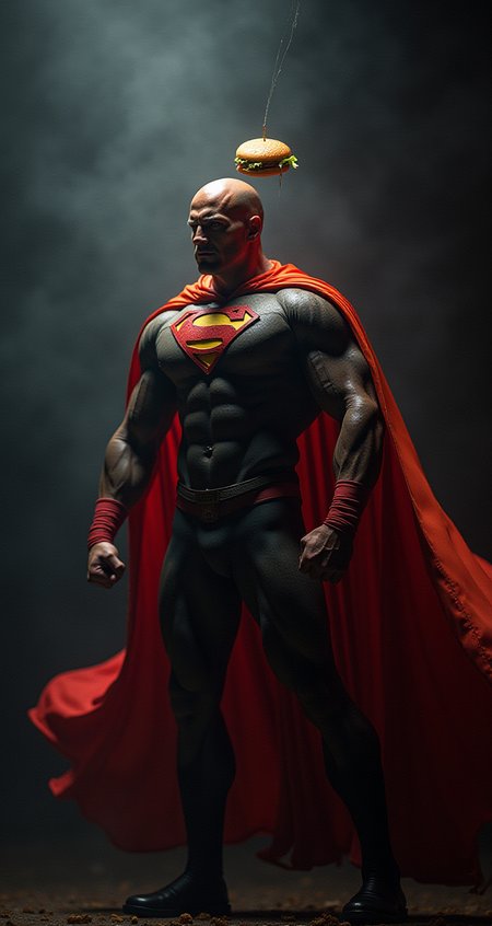m100-style, a muscular Cheeseburger with a Planethead, juicy, deep blacks, charming mysterious, Action Scene, billowing translucent Rainbow colored cape, volumetric lighting, realistic analog photo,