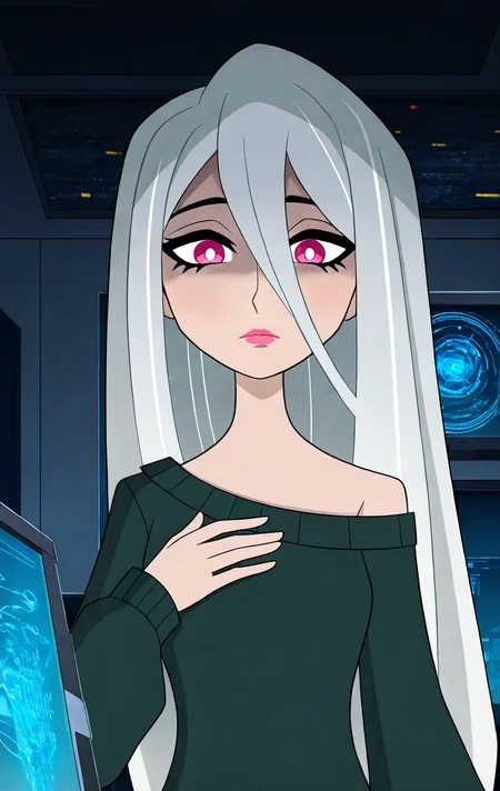 upper body,hand on own chest,from behind,1girl,solo,pale skin,straight hair,long white hair,long hair between eyes,pink eyes,white pupils,(pink lips,lips),closed mouth,off the shoulder sweater, dark green sweater,<lora:long_hair_between_eyes_illustrious_v1_b:0.8>, <lora:BH6-000018:0.72>,spy headquarters, high-tech screens, dark atmosphere,<lora:hotarueye_xl_tareme4_v10:0.8>