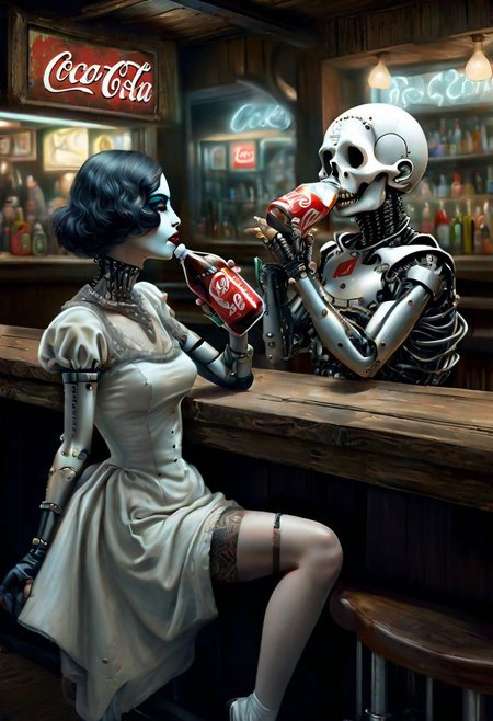 surreal , lowbrow art,  Biomechanical, female , cyborg, pierrot,trending on artstation, , intricate details, ethereal,  crisp quality, , surrealism,him drinking a coke and bottle by his side in a rustic bar, 
leica 8k comic book dada ,surreal